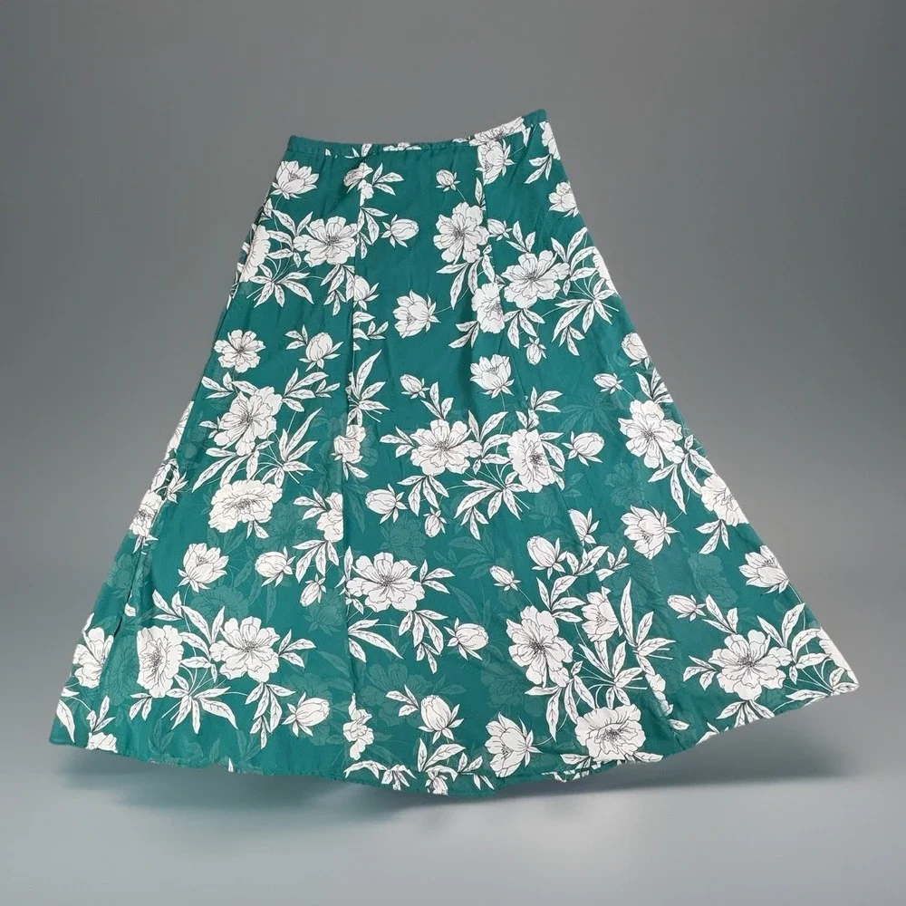 Ann Taylor LOFT Maxi Skirt Women 14‎ Green Floral Boho Cottagecore Fairy Coastal